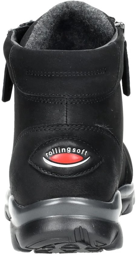 Achterkant van een zwarte hoge veterschoen met 'rolling soft' logo.