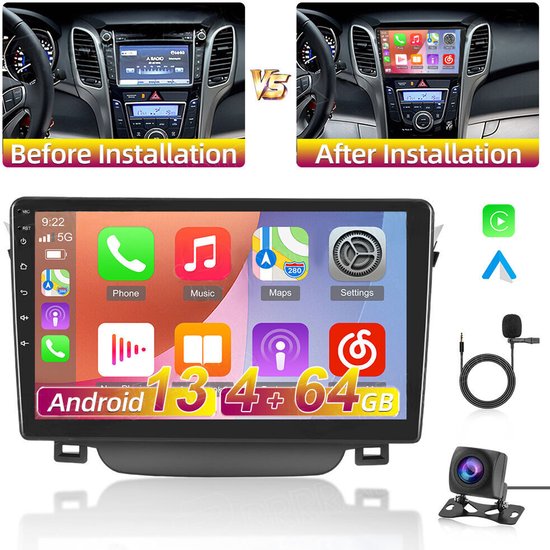 Autoradio-9in Android 13 Car Stereo Radio GPS Navigation 4+64G Head Unit for Hyundai I30 GD 2012-2017 Built-in Wireless CarPlay Android Auto Bluetooth FM/RDS WiFi Mirror Link + AHD Backup Camera