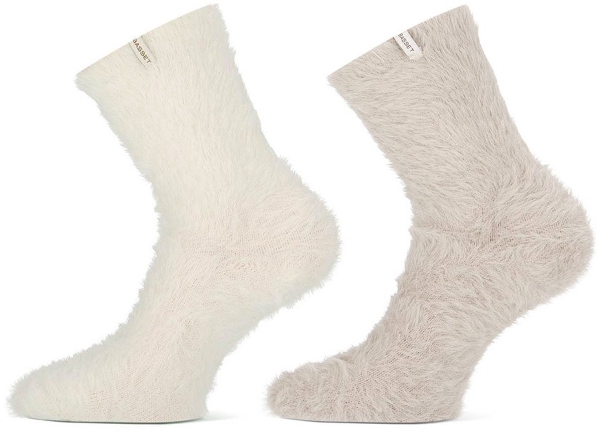 Basset dames 2P huissokken hairy beige & wit