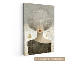 Canvas schilderij 80x120 cm - Exclusieve wanddecoratie Pluis - Vrouw - Beige - Muurdecoratie woonkamer - Slaapkamer decoratie - Kamer accessoires - Schilderijen op canvas