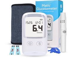 Metic Glucosemeter - Met Opbergtas - Startpakket - Alles in één set - Inclusief 25 Teststrips & Lancettes - Bloedsuikermeter - Bloedglucosemeter - Diabetes meter - Glucose Revolutie - mmol/l - mg/dl
