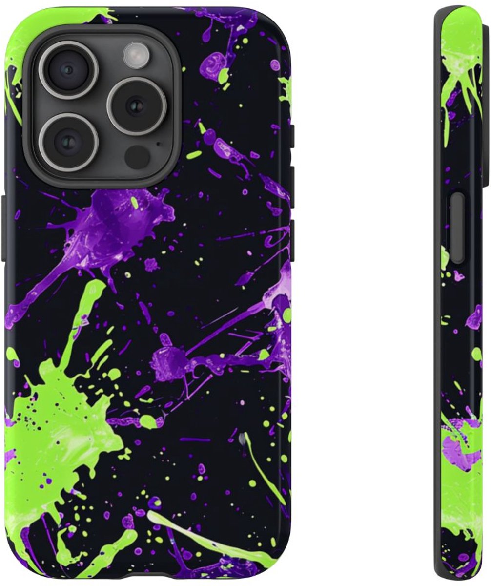 Groene en Paarse Verfspatten Patroon – Telefoonhoesje Geschikt voor iPhone 15 Pro