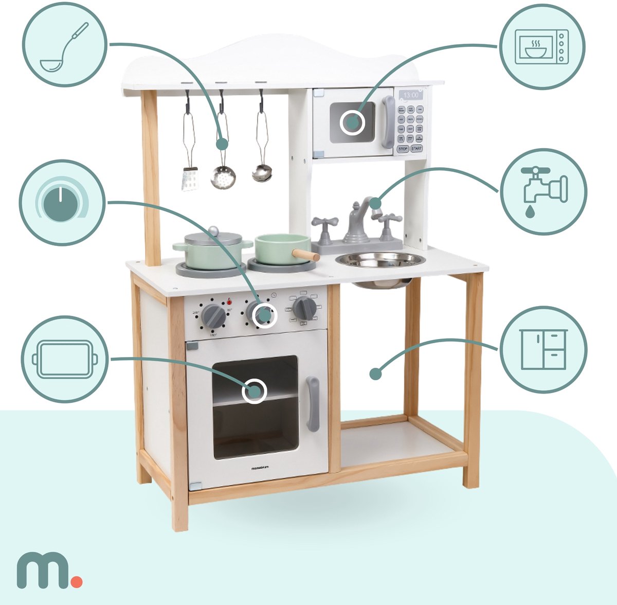 Mamabrum Montessori Houten keuken voor kinderen, 3 jaar – magnetron, oven, gootsteen en accessoires inbegrepen – robuust, veilig, leerzaam, natuurlijke kleuren, duurzaam creatief spel — afbeelding 3