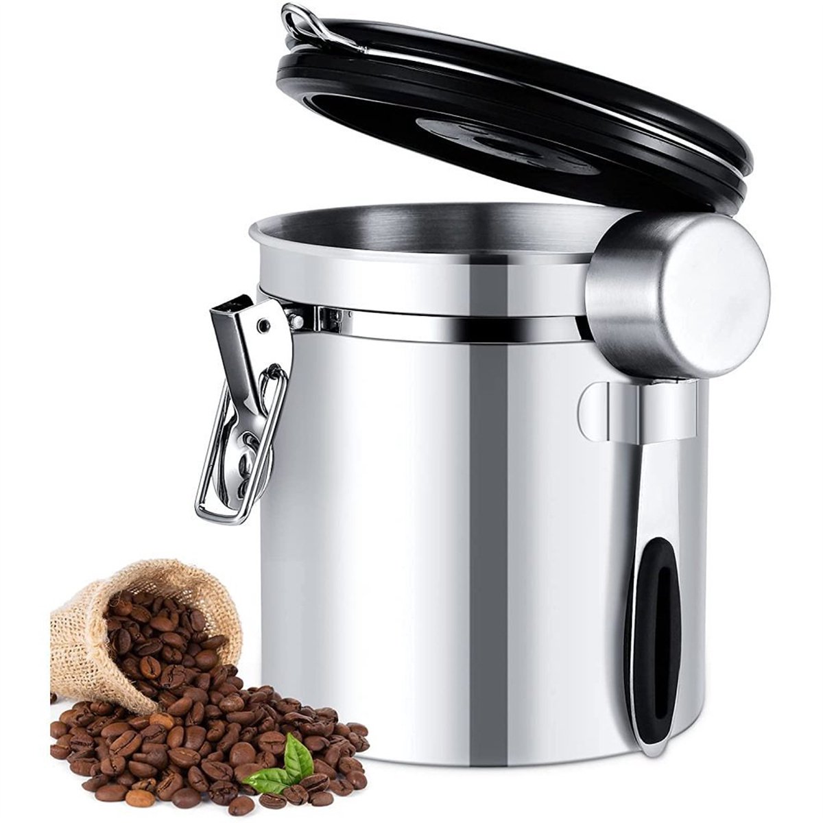 Ynkkvre-Koffiebonencontainer 1500 ml – Luchtdichte Roestvrijstalen Voorraadbus met Eenwegventiel, Mat ABS Deksel & Inclusief Koffielepel – Bewaart Koffie, Thee, Noten en Kruiden Vers