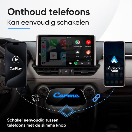 CarMe Premium 2-in-1 CarPlay Dongle - Draadloos CarPlay & Android Auto - Makkelijk Switchen Tussen Telefoons - USB-A & USB-C - Android Auto Dongle - Zwart