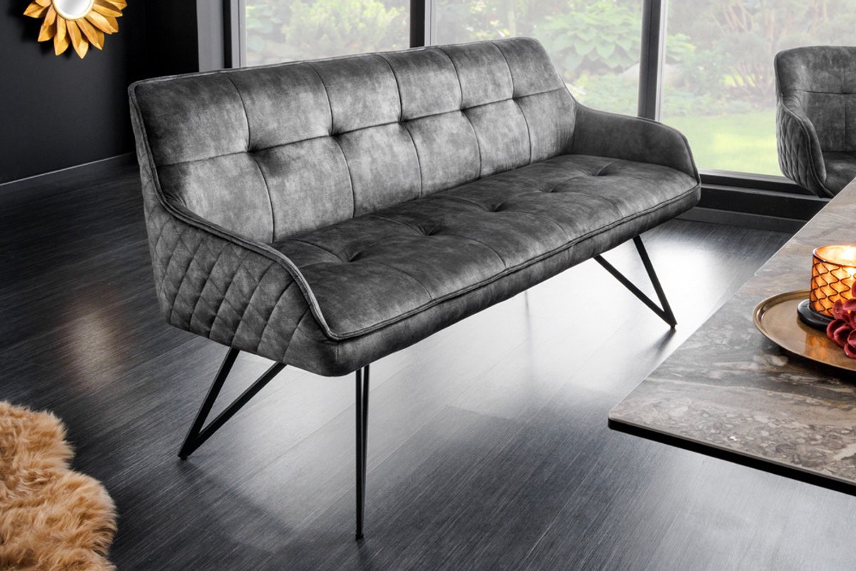Design bank EUPHORIA 160cm donkergrijs fluweel retrostijl decoratief quilten haarspeldpoten metalen poten armleuningen - 43127