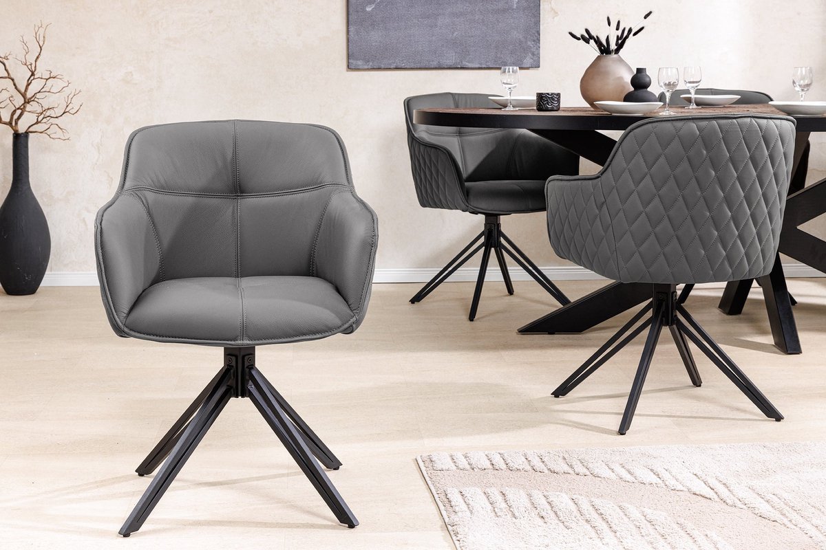 Draaibare designstoel EUPHORIA Grijs echt leer zwart metalen frame met armleuning - 45860