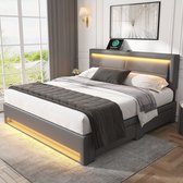 Gestoffeerd bed 140 x 200 cm met USB-poort met LED-verlichting en vier opberglades zonder matras - grijs