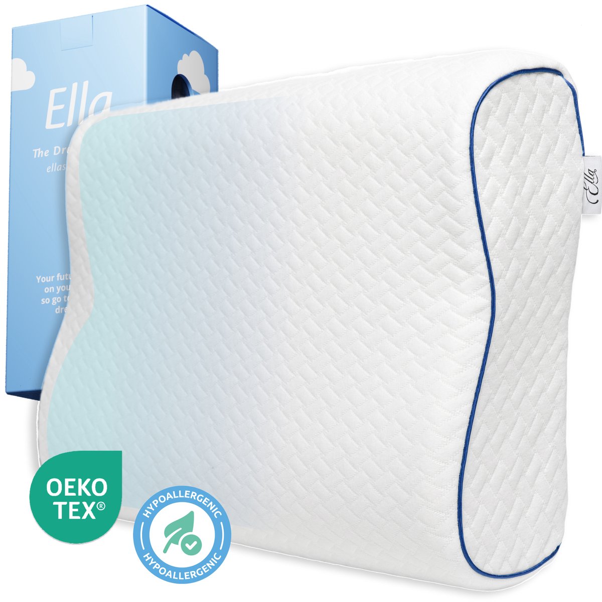 Ella Wave Orthopedisch Hoofdkussen voor Rug en Zijslaper - Ergonomisch Neksteun Kussen van Traagschuim - Slaapkussen Nekklachten 60 x 40 cm - Wit