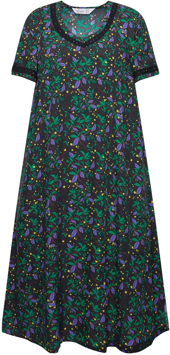 MIAMODA - Dames - Maxi-jurk A-lijn bladerenmotief korte mouwen - Bosgroen - Maat 46