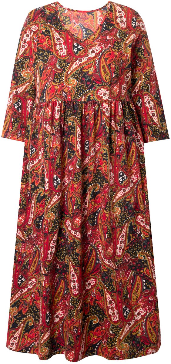 Ulla Popken Dames - Jersey jurk paisley A-lijn V-hals 3/4-mouwen - Zwart - Maat 62+