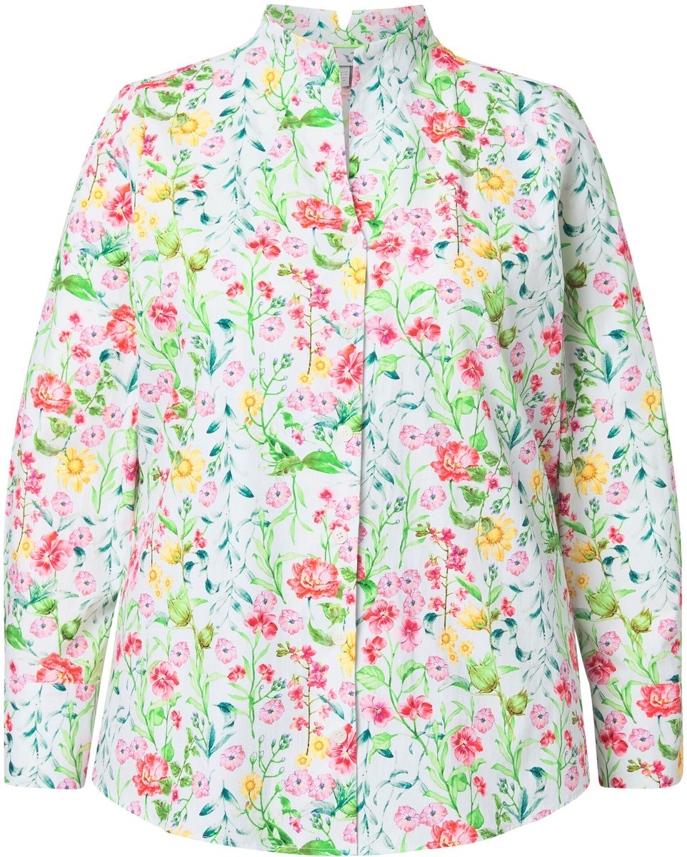 Ulla Popken - Dames - Blouse bloemen gobletkraag V-hals lange mouw - Off-white - Maat 50+
