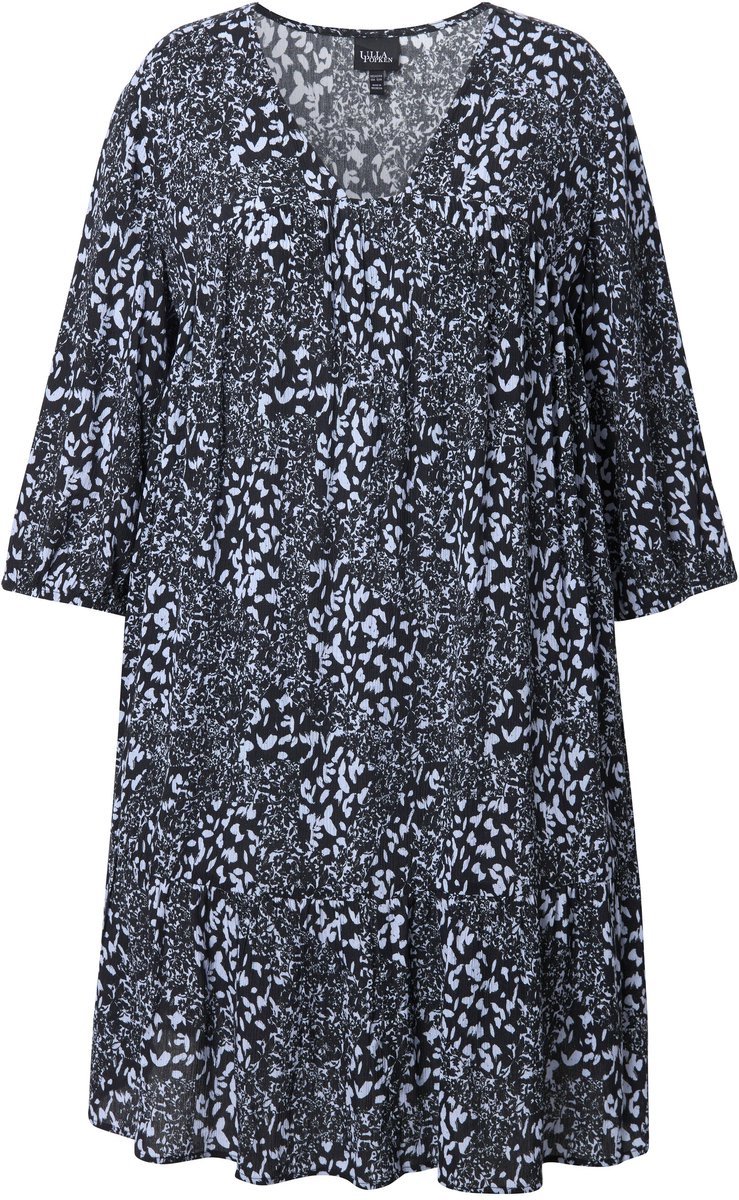 Ulla Popken - Dames - Jurk volantzoom A-lijn V-hals 3/4-mouwen - Marine - Maat 54+