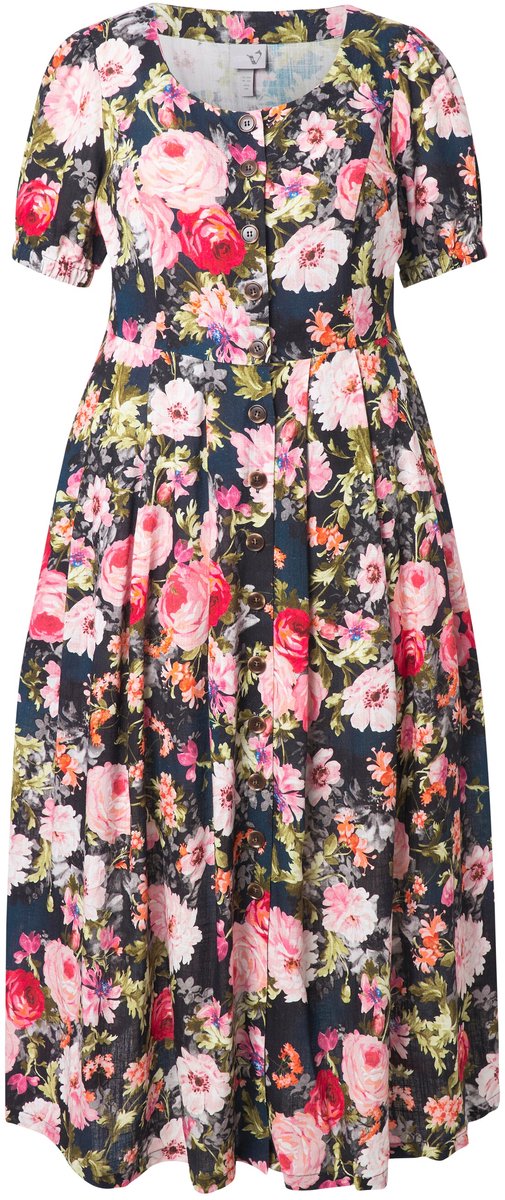 Ulla Popken Dames - Maxi-jurk linnenmix bloemen ronde hals korte mouw - Lichtmunt - Maat 58+