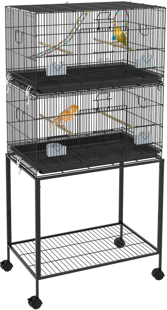 Dubbele Vogelkooi – Vogelkooi Met Standaard – Vogelkooi Groot – Parkietenkooi – Kanariekooi – Zwart Staal – Twee Lagen – Uitneembare Bodemlade