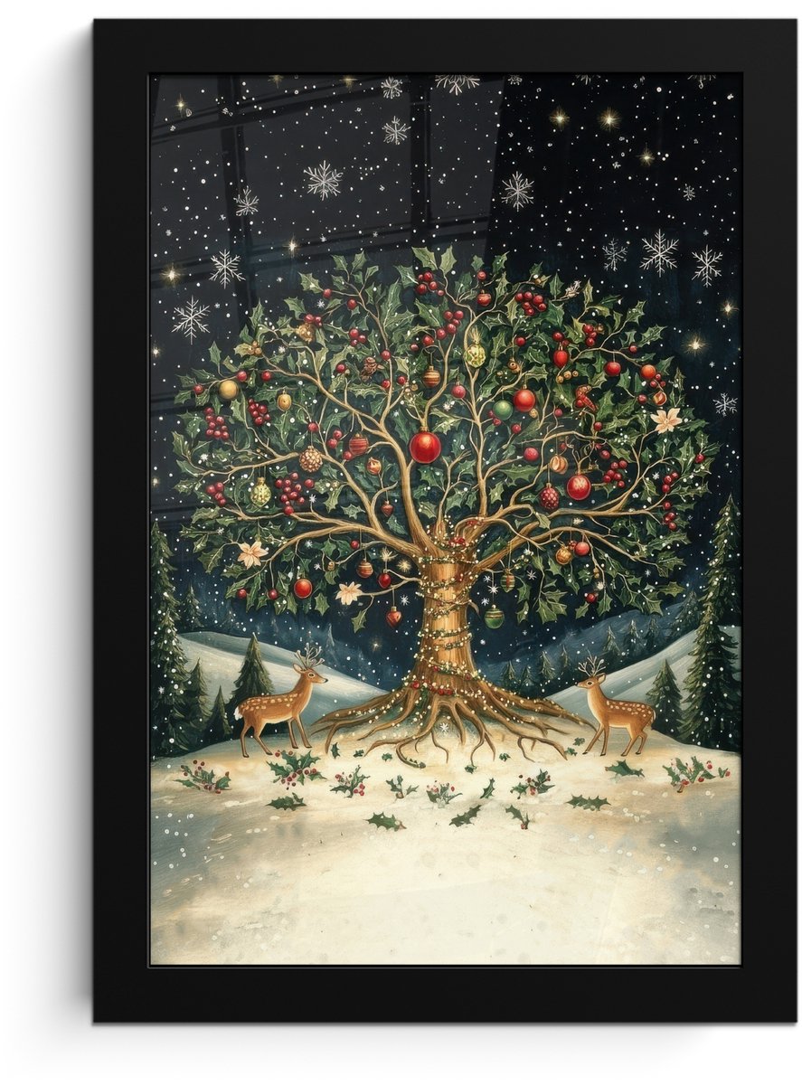 FrameYourWall Poster in lijst - Fotolijst 20x30 cm - Posters - Feestboom - Winterhemel - Kleurrijk - Posterlijst zwart - Decoratie - Wanddecoratie woonkamer - Muurdecoratie slaapkamer - Kerstversiering - Kerstdecoratie voor binnen - Kerstmis