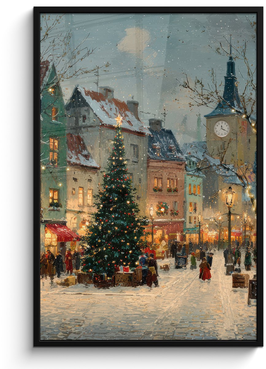 FrameYourWall Poster in lijst - Fotolijst 80x120 cm - Posters - Kerstsfeer - Stadsplein - Kleurrijk - Posterlijst zwart - Decoratie - Wanddecoratie woonkamer - Muurdecoratie slaapkamer - Kerstversiering - Kerstdecoratie voor binnen - Kerstmis