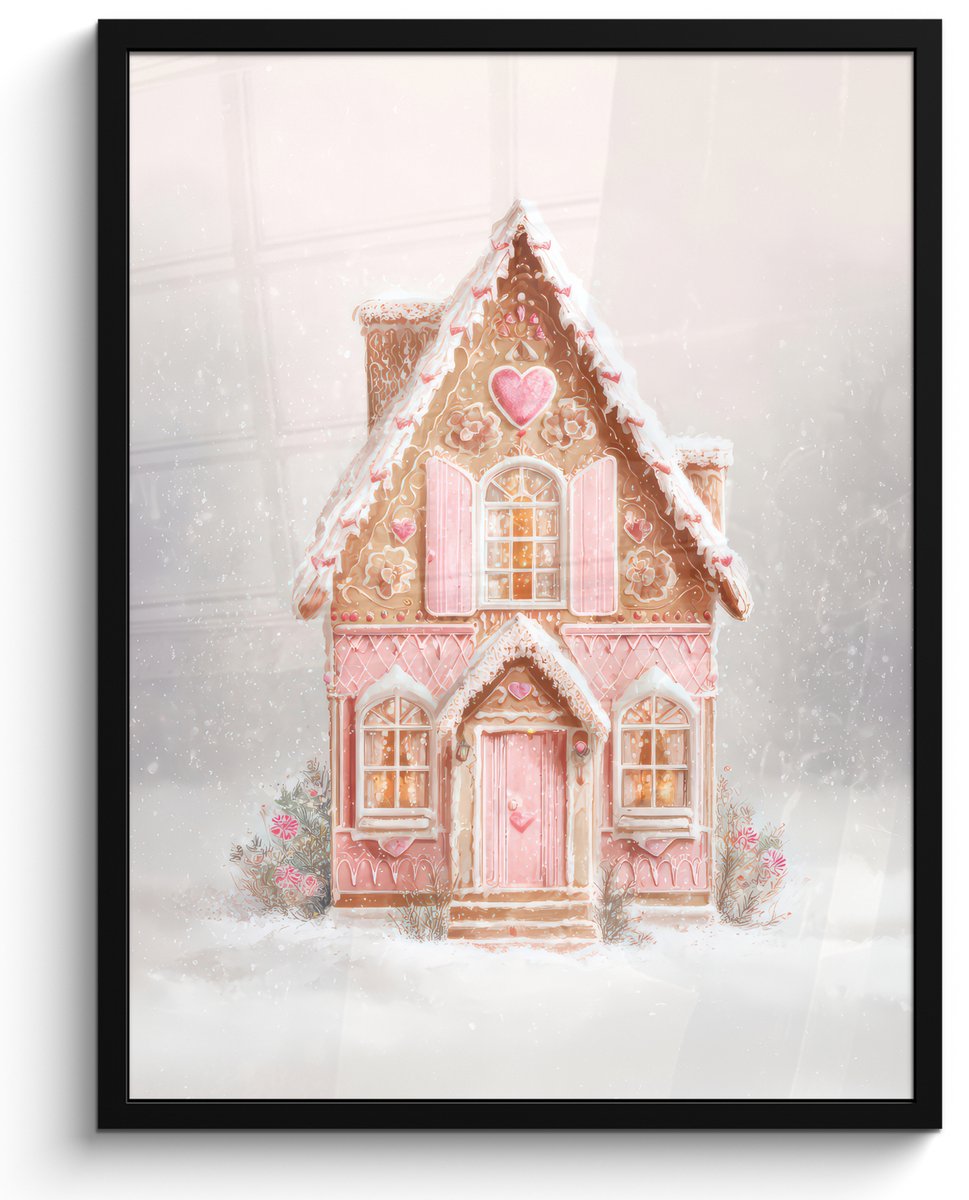 FrameYourWall Poster in lijst - Fotolijst 60x80 cm - Posters - Huisje - Suiker - Pastel - Posterlijst zwart - Decoratie - Wanddecoratie woonkamer - Muurdecoratie slaapkamer - Kerstversiering - Kerstdecoratie voor binnen - Kerstmis
