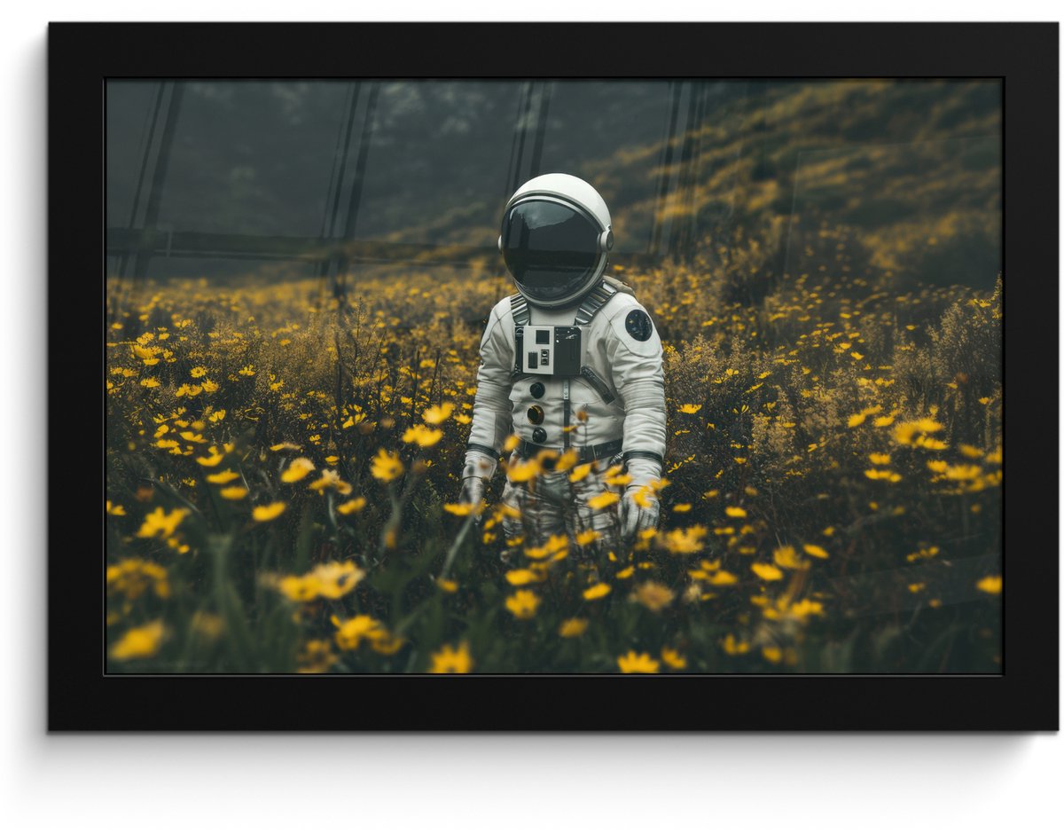 FrameYourWall Poster in lijst - Fotolijst 30x20 cm - Posters - Astronaut - Bloemen - Veld - Geel - Posterlijst zwart - Decoratie - Wanddecoratie woonkamer - Muurdecoratie slaapkamer