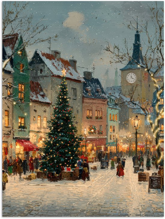 Poster 90x120 cm - Kerstsfeer - Stadsplein - Kleurrijk - Posters - Kamer decoratie - Wanddecoratie woonkamer - Muurdecoratie slaapkamer - Kerstversiering - Kerstdecoratie voor binnen - Kerstmis