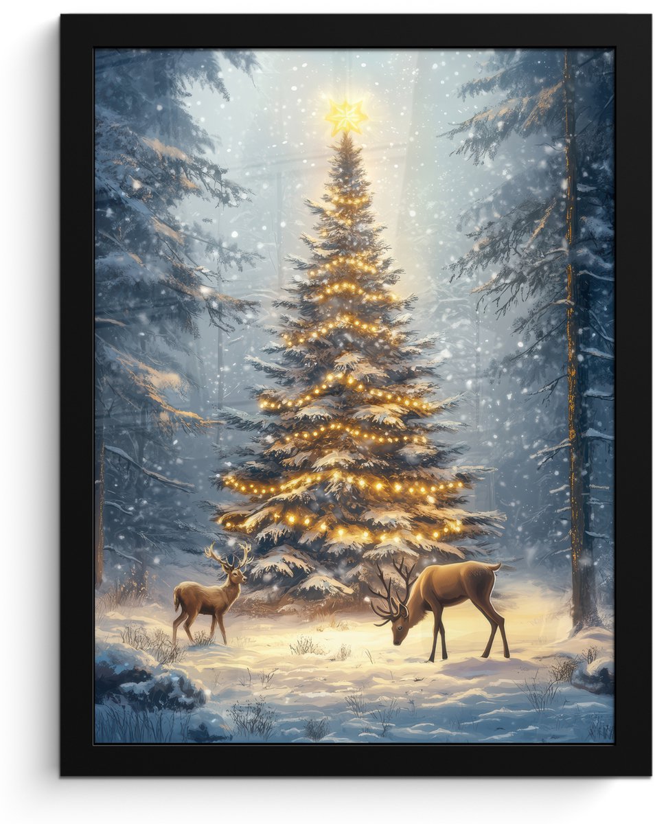 FrameYourWall Poster in lijst - Fotolijst 30x40 cm - Posters - Kerstlicht - Woud - Hert - Donker - Posterlijst zwart - Decoratie - Wanddecoratie woonkamer - Muurdecoratie slaapkamer - Kerstversiering - Kerstdecoratie voor binnen - Kerstmis