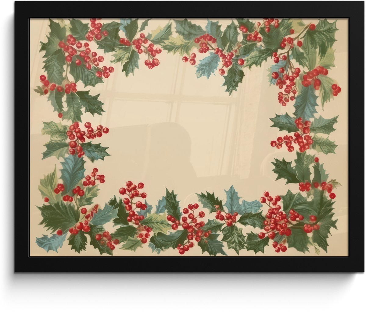 FrameYourWall Poster in lijst - Fotolijst 40x30 cm - Posters - Hulstrand - Bessen - Beige - Posterlijst zwart - Decoratie - Wanddecoratie woonkamer - Muurdecoratie slaapkamer - Kerstversiering - Kerstdecoratie voor binnen - Kerstmis