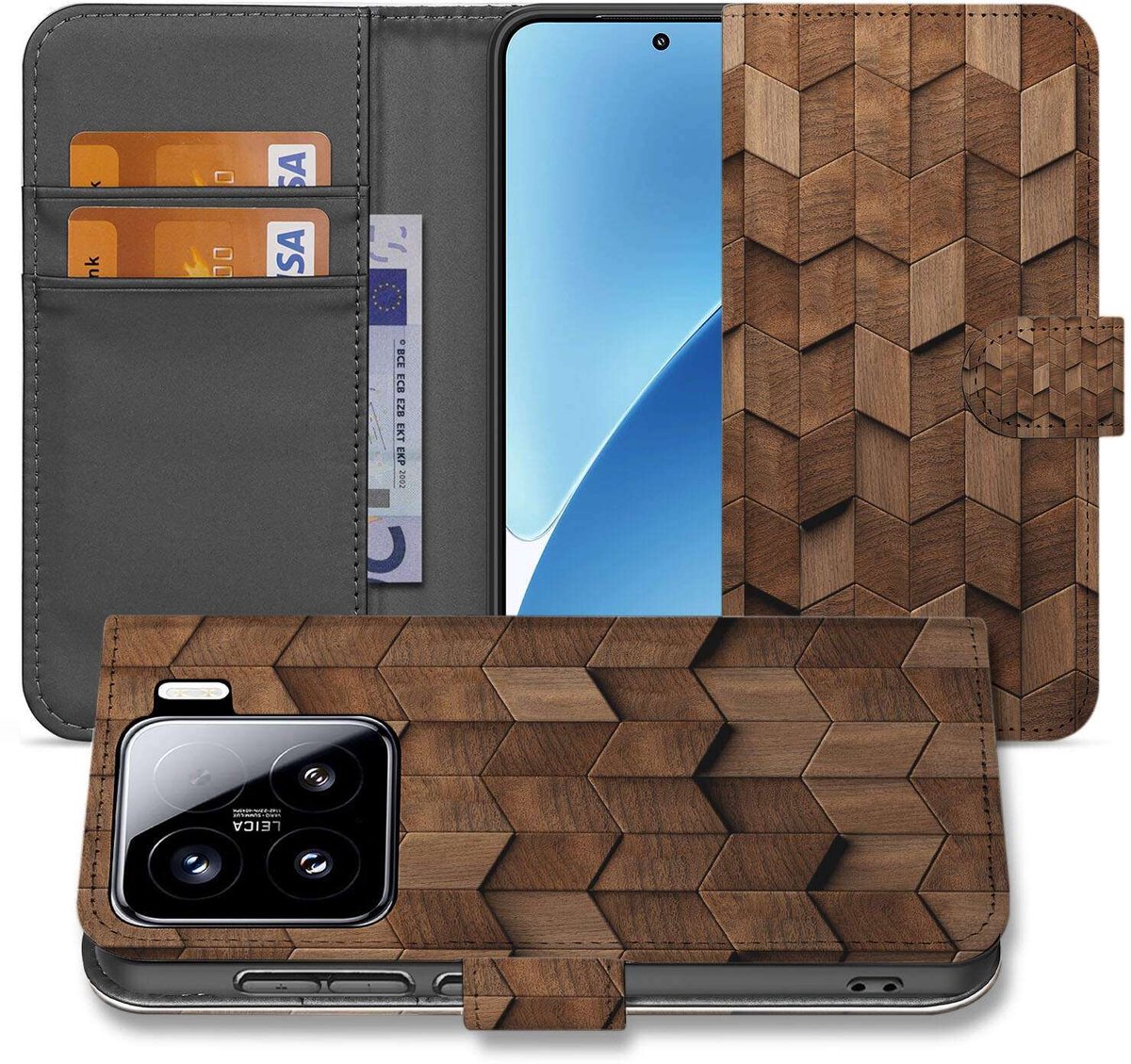 Xiaomi 15 Book Case Hoesje – ‘Wooden Cubes’ Design met Pasjeshouder