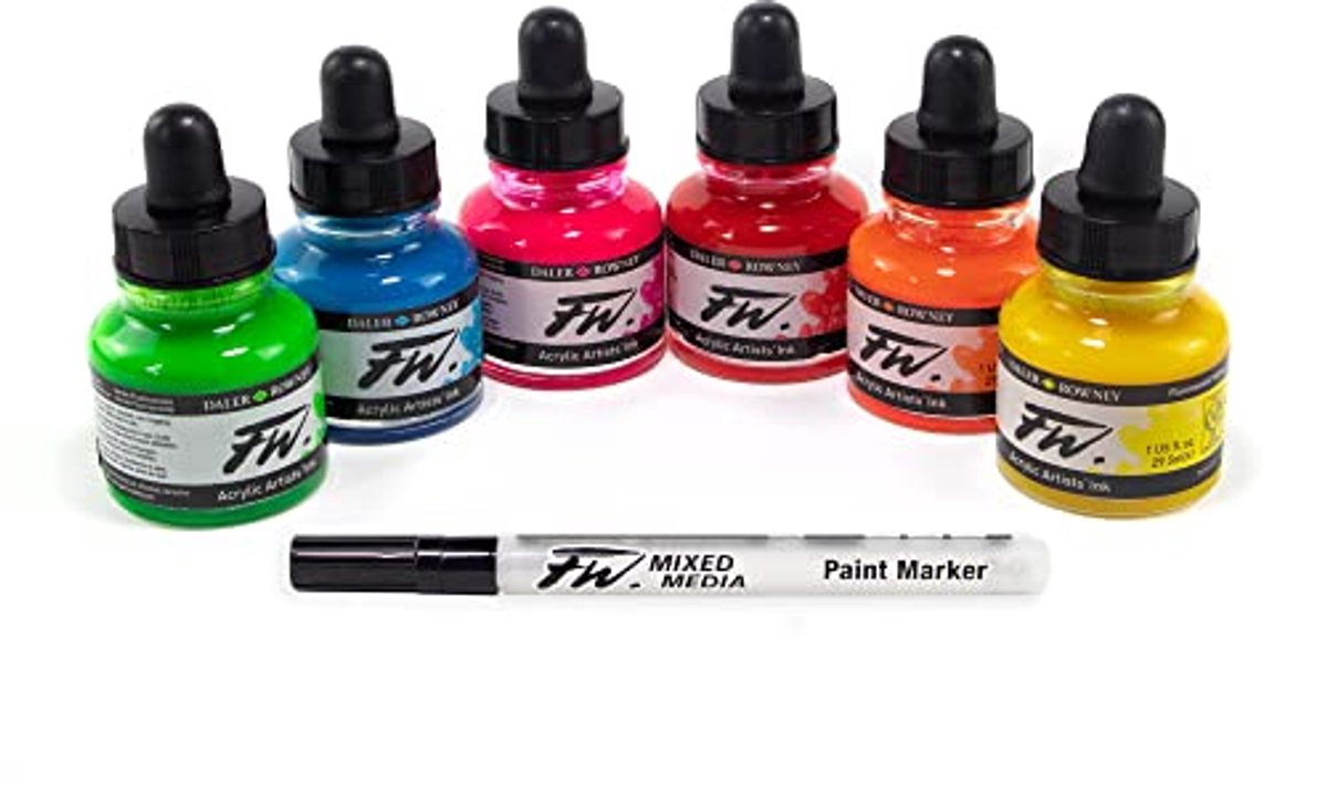 Neon Inkt Set 6 x 29,5 ml en 1 Mixed Media Marker voor Kunstenaars