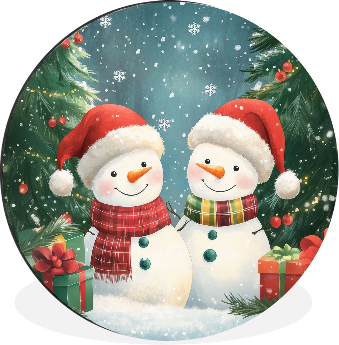WallCircle Wandcirkel - Muurcirkel - Sneeuwpop - Kerstsneeuw - Groen - Rood - Aluminium - Dibond - 140x140 cm - Binnen en Buiten