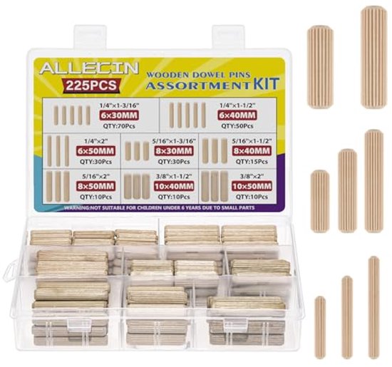 Set de 225 Chevilles en Bois 8MM, 6MM, 10MM pour la Menuiserie et les projets DIY