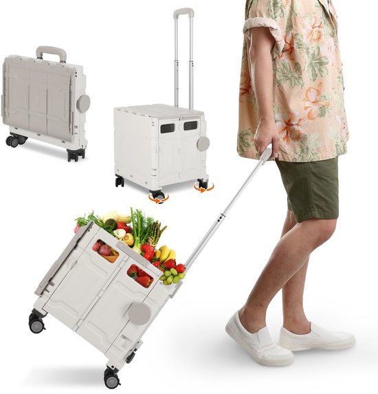 Boodschappentrolley met Wielen 50L met 4 Wielen Inklapbare Boodschappenkrat Boodschappenwagen wit Winkelkar Vouwkrat Boodschappenkrat