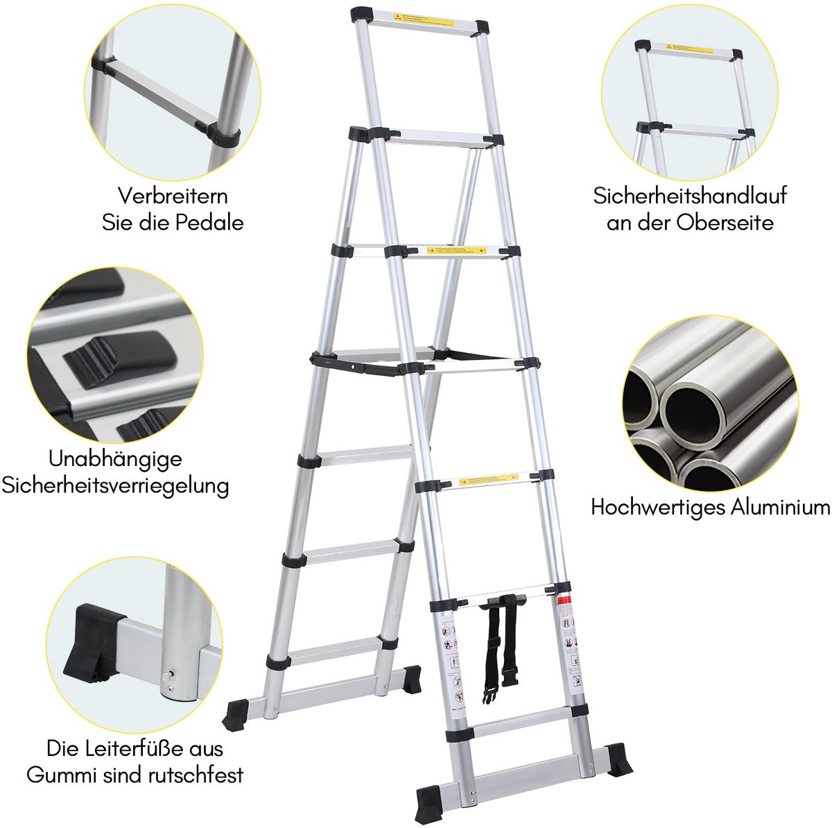 Telescopische Ladder - Telescoopladder - 1,7m+2,0m zilver, Max. Belasting 150 kg, Compact en Draagbaar met Soft Closing Systeem, Geschikt voor Particulier en Professioneel Gebruik, Telescopische Vouwladder – foto 5