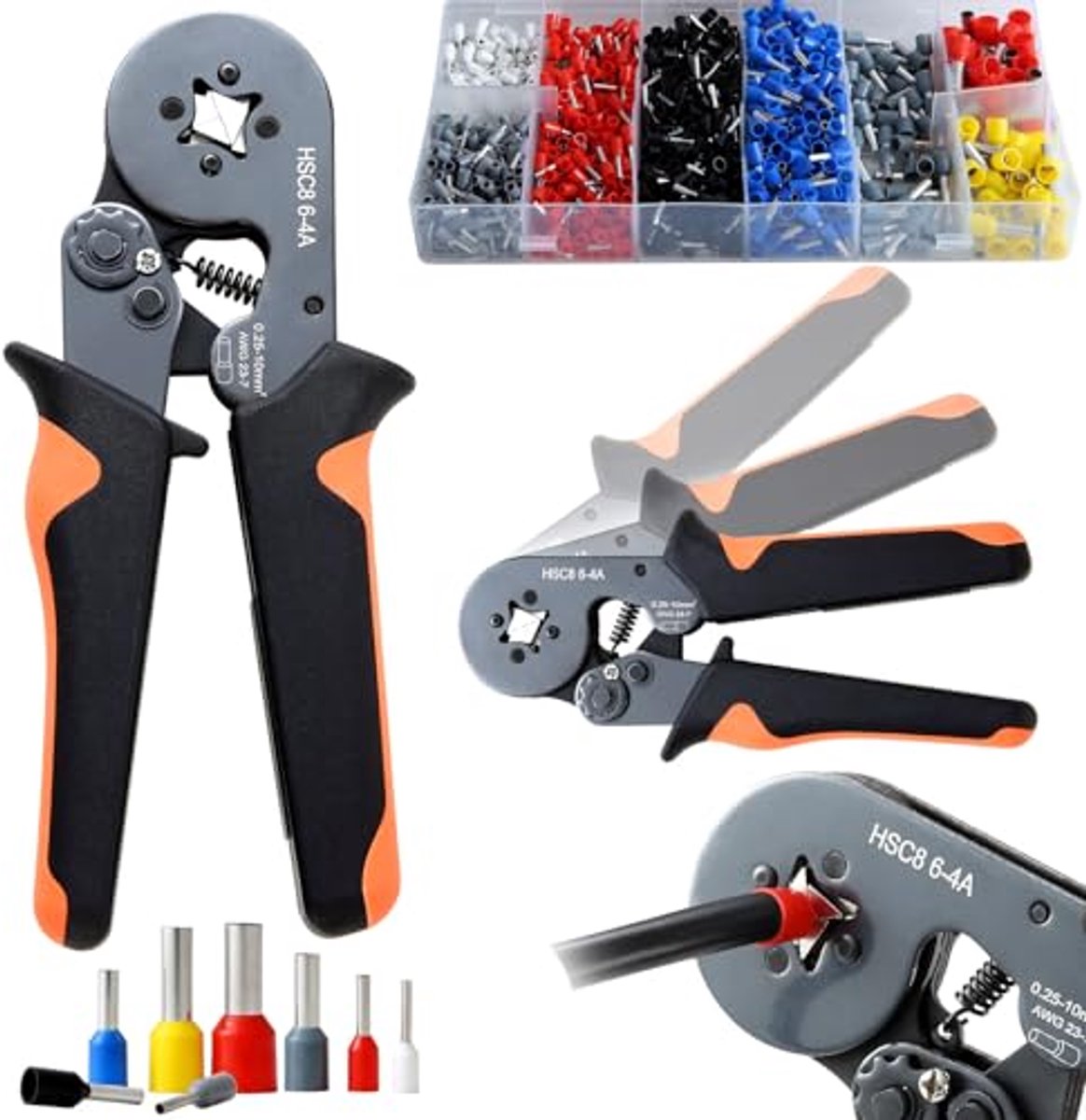 Professionele krimptang met 1250 kabelschoenen, ideaal voor elektrische installaties, 0.25-10mm² (AWG 23-7), ergonomische handgreep