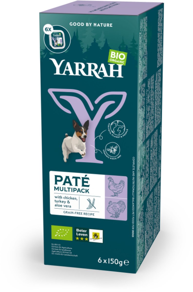 Yarrah Bio Hondenvoer Multipack Paté Graanvrij Kip&Kalkoen 6 x 150 gr