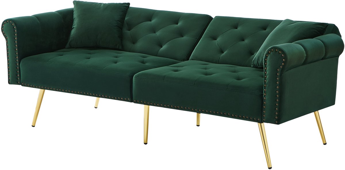 Merax 2-Zits Slaapbank – Fluwelen Stoffen Sofa met 3-standen Verstelbare Rugleuning - Vergulde Metalen Poten en Kussens – Comfortabel en Ruimtebesparend Slaapsofa voor Kleine Ruimtes – Groen