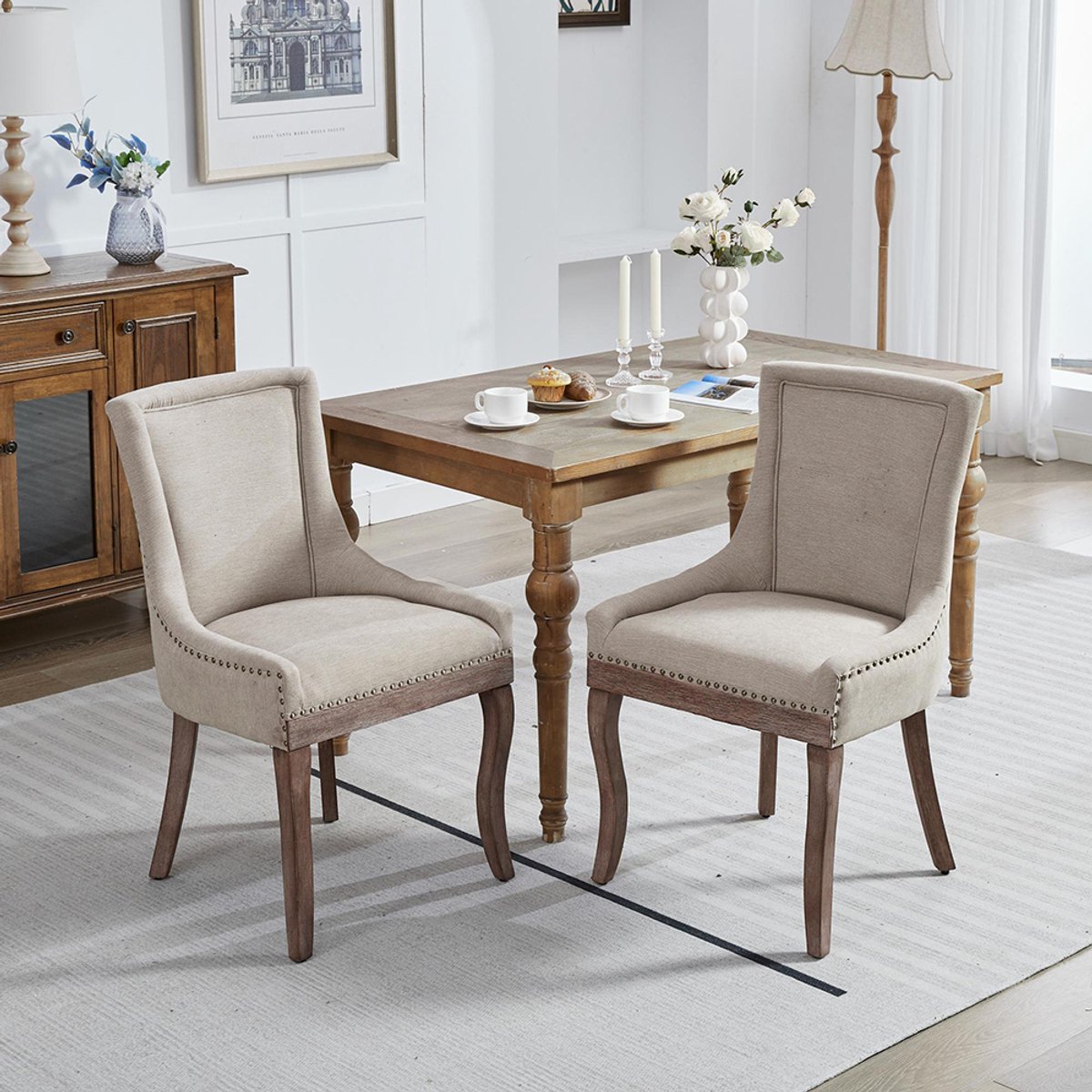 KOMHTOM BLACKCOLORS Ultra Side eetkamerstoel, stoelen van dikke stof met massief houten poten in neutrale kleur, bronzen spijkers, set van 2, beige, DE1807BG