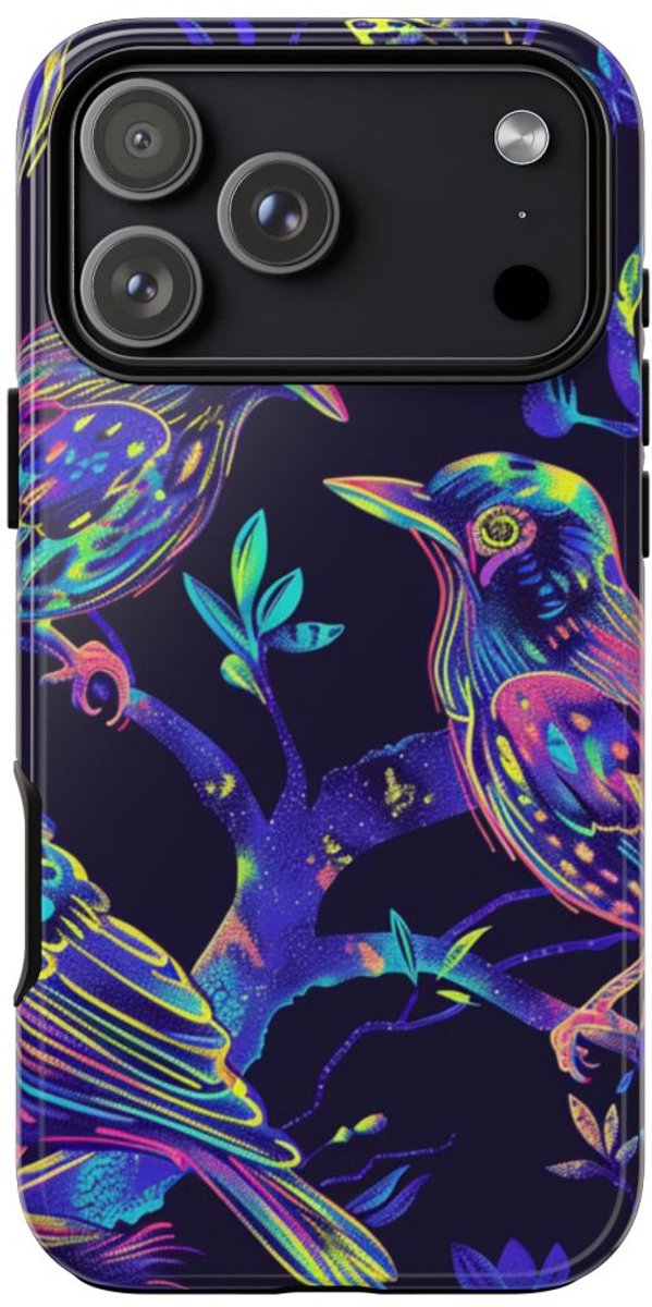 Neonkleurige Vogels op Takken – Telefoonhoesje Geschikt voor iPhone 17 Pro Max