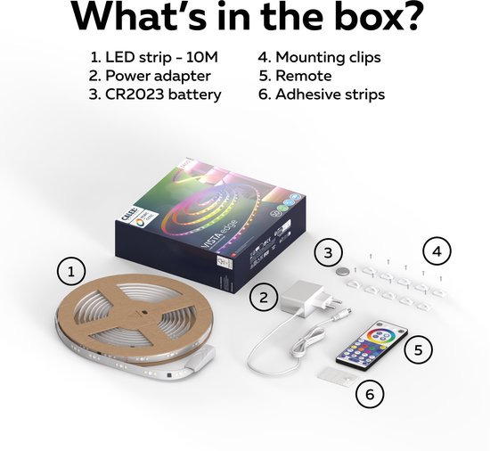 Calex VISTA edge LED strip set met 10 meter strip, adapter, afstandsbediening en accessoires.