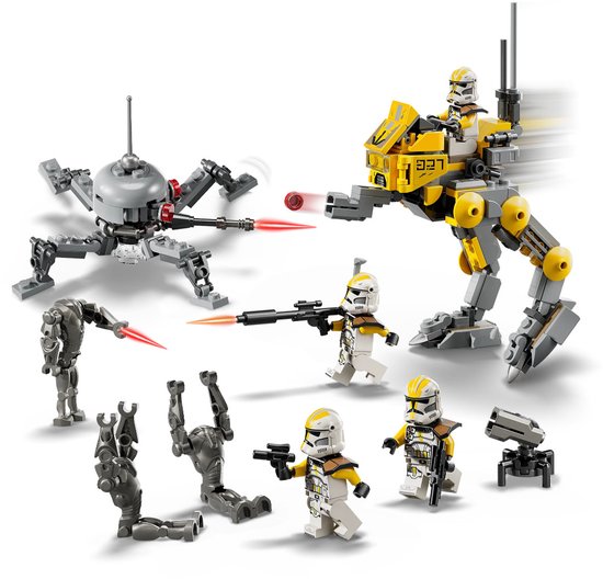 Battle Pack LEGO Star Wars 327th Star Corps Clone Troopers, avec clone troopers, AT-RT walker et droïdes jouets en action.