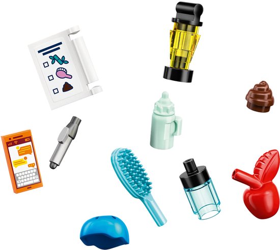 LEGO Friends accessoires: borstel, telefoon, flesje, appel, helm, lijst en poepje.