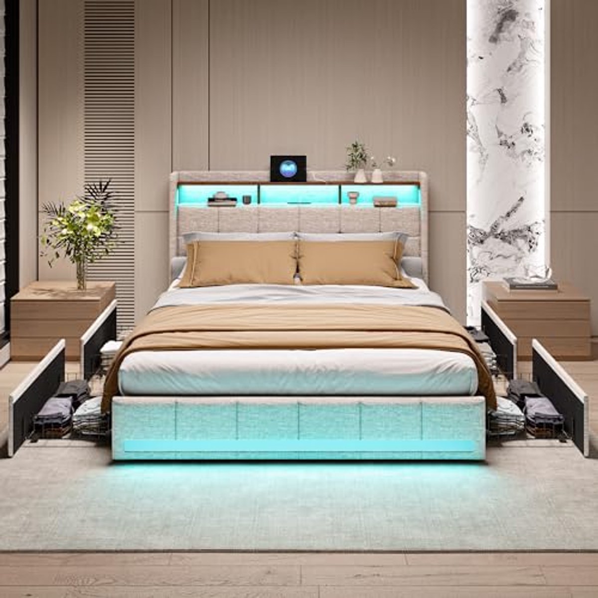 Beige Tweepersoonsbed met USB-laadstation en LED-verlichting, 160 x 200 cm, Opbergbed met 4 Laden