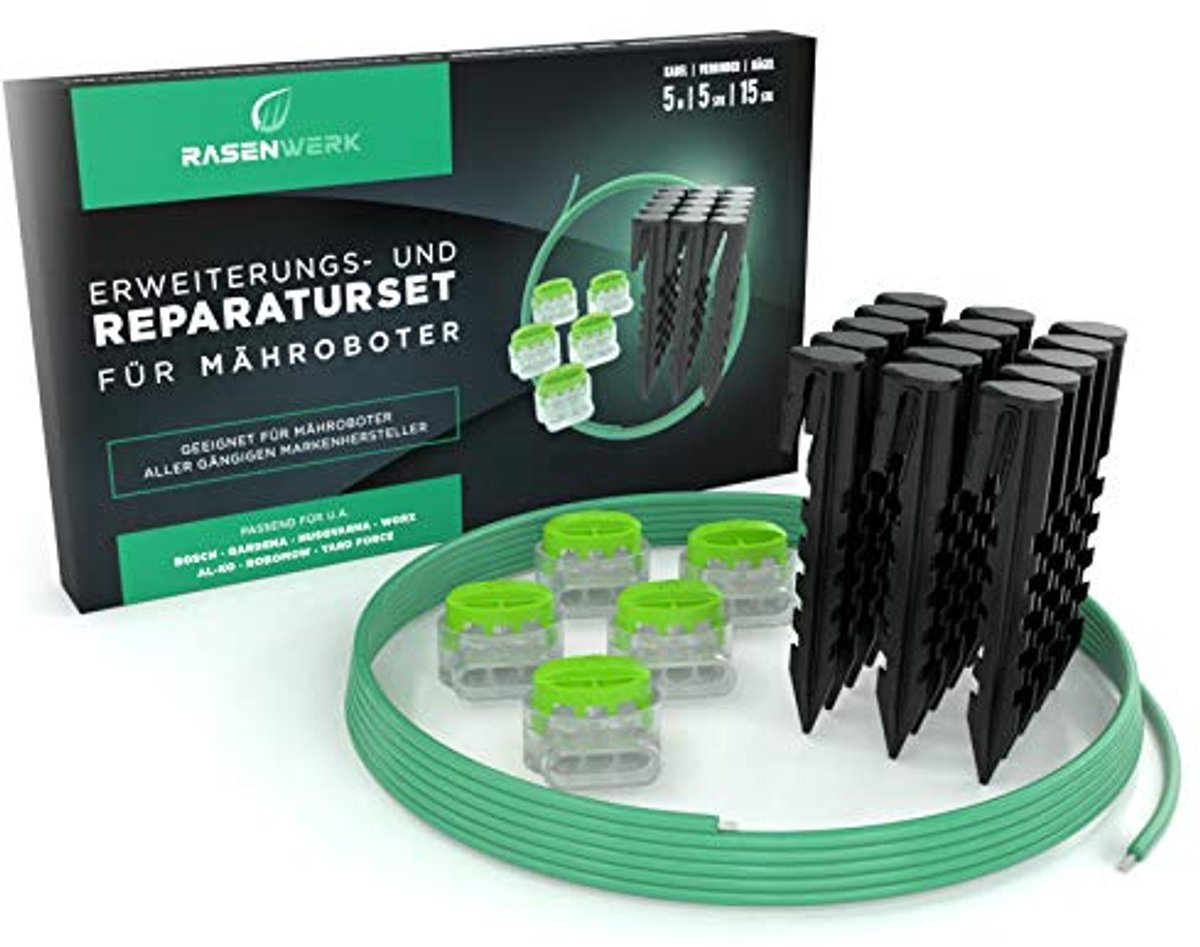 Begrenzingskabel reparatieset voor robotmaaiers - 15 haringen en 5 verbindingsklemmen - 5m universele kabel - Begrenzingskabel - €56,09