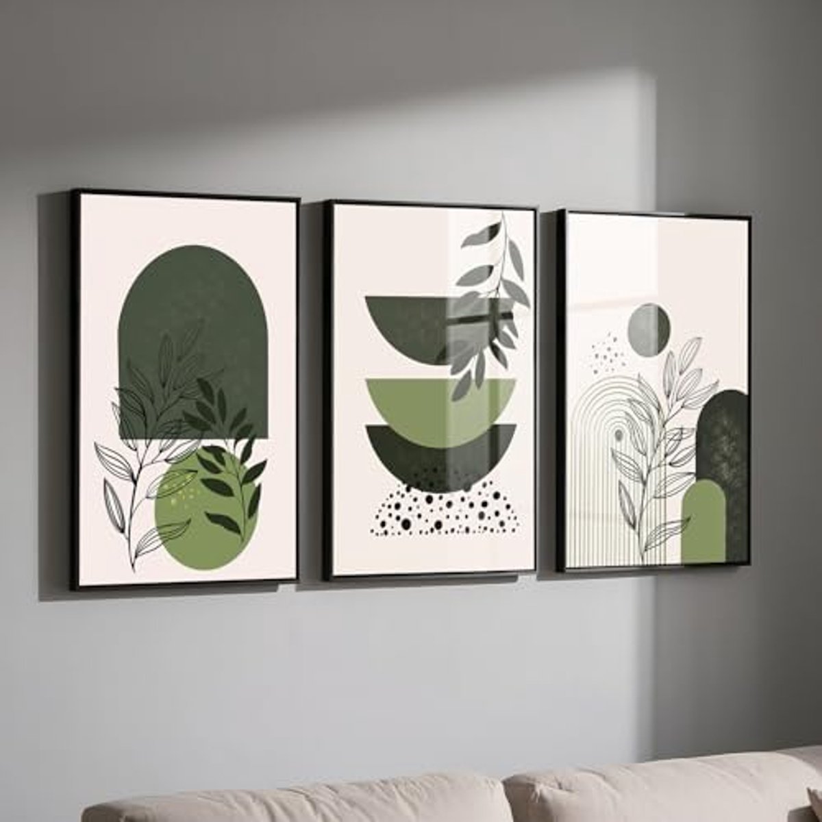 Abstracte Geometrische Boho Wanddecoratie Set van 3 in Saliegroen - Perfect voor Woonkamer en Slaapkamer