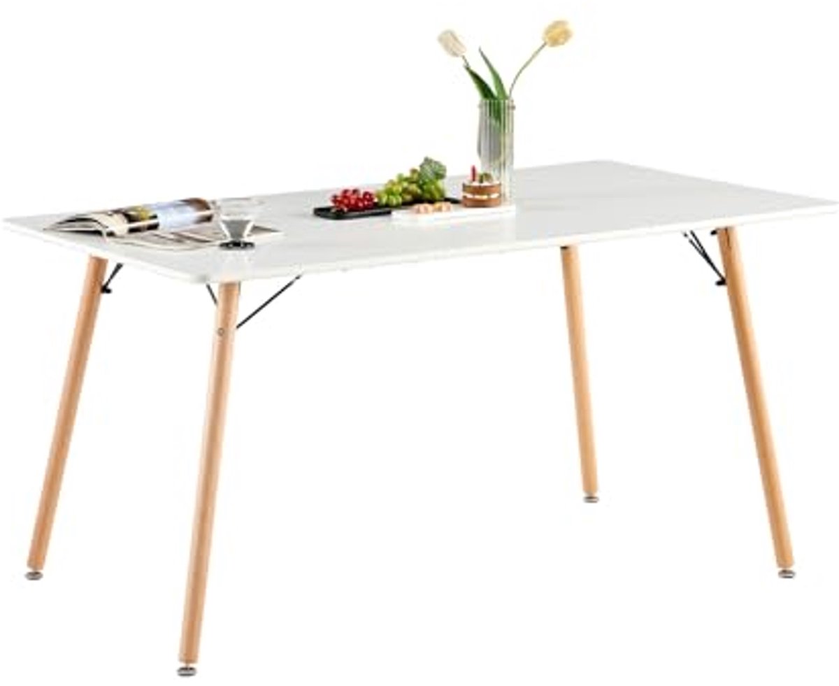 Rechthoekige eettafel 140 x 80 cm - Wit - MDF met Houten Poten voor 4-6 Personen