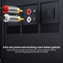 Twee RCA-stekkers met rode en witte markering, aangesloten op een apparaat met R en L aansluitingen.