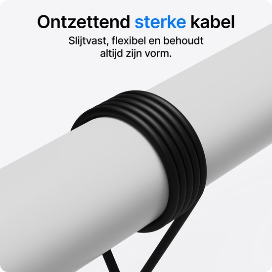 Zwarte, duurzame en flexibele USB-C kabel die zijn vorm behoudt.