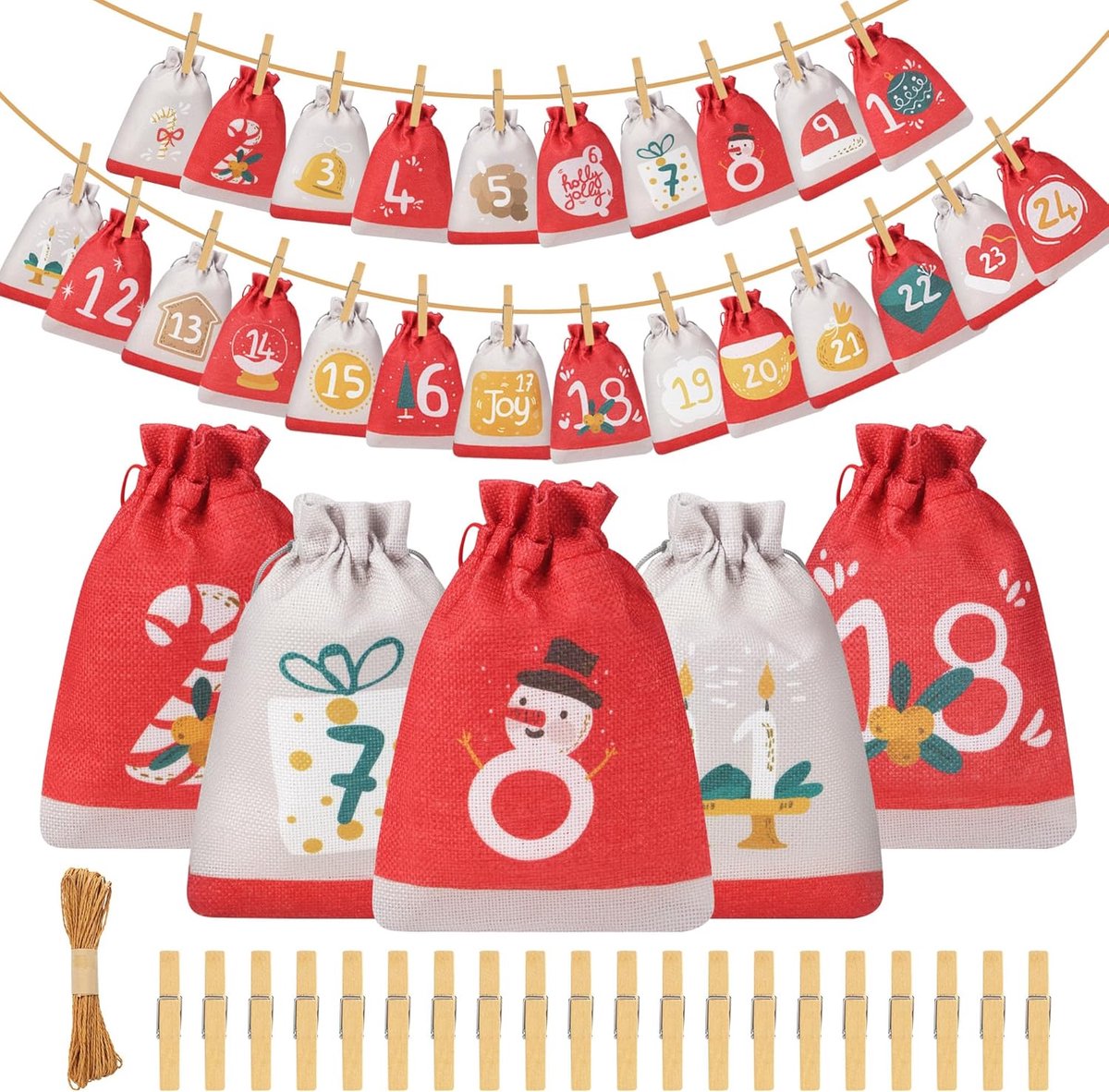 Adventskalender - 24 stoffen vakken - 10 x 15 cm - DIY kerstkalender - Hangende vakken - 10 m ophangkoord - Geschikt voor kinderen, vrouwen en mannen - Kerstversiering - Kan snoep/chocolade/kleine cadeautjes bevatten