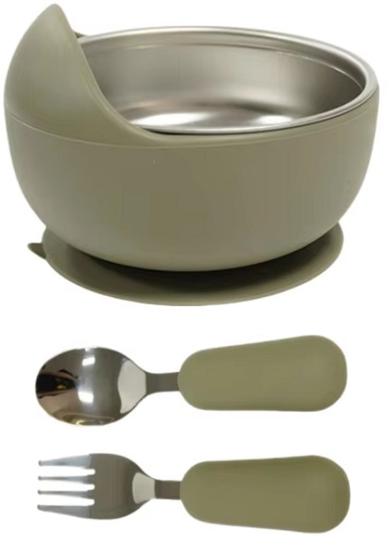 Service de table Kinder - Bol amovible en acier inoxydable avec ventouse en silicone, assiette + cuillère et fourchette - Compatible lave-vaisselle - Vert
