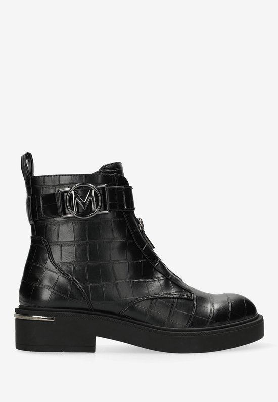 Zwarte croco-print enkellaars met rits en gesp.
