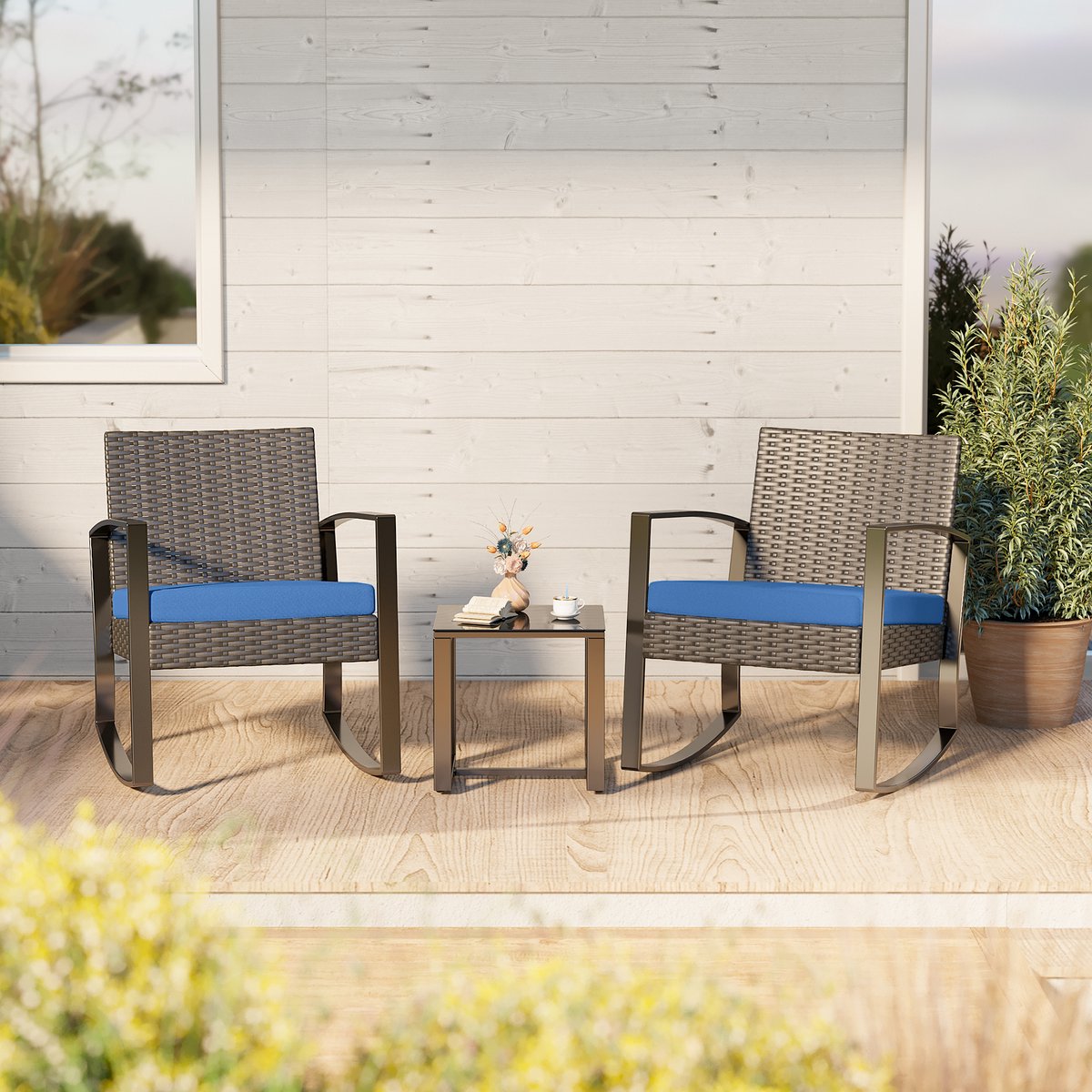Xbro Tuinset – 3-delige Zitgroep met Rotan Stoel en salontafel , Weerbestendig en Ruimtebesparend – Outdoor loungeset – Balkonset voor Tuin, Terras en Zwembad – 60 x 50 x 80 cm – Blauw – foto 5